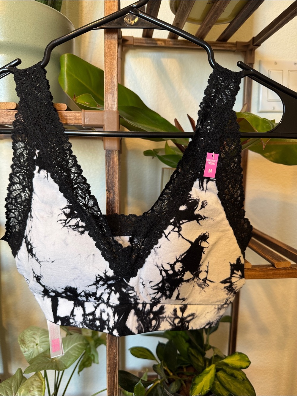 PINK Tie-Dye Lace-Trim Bralette in Black & White